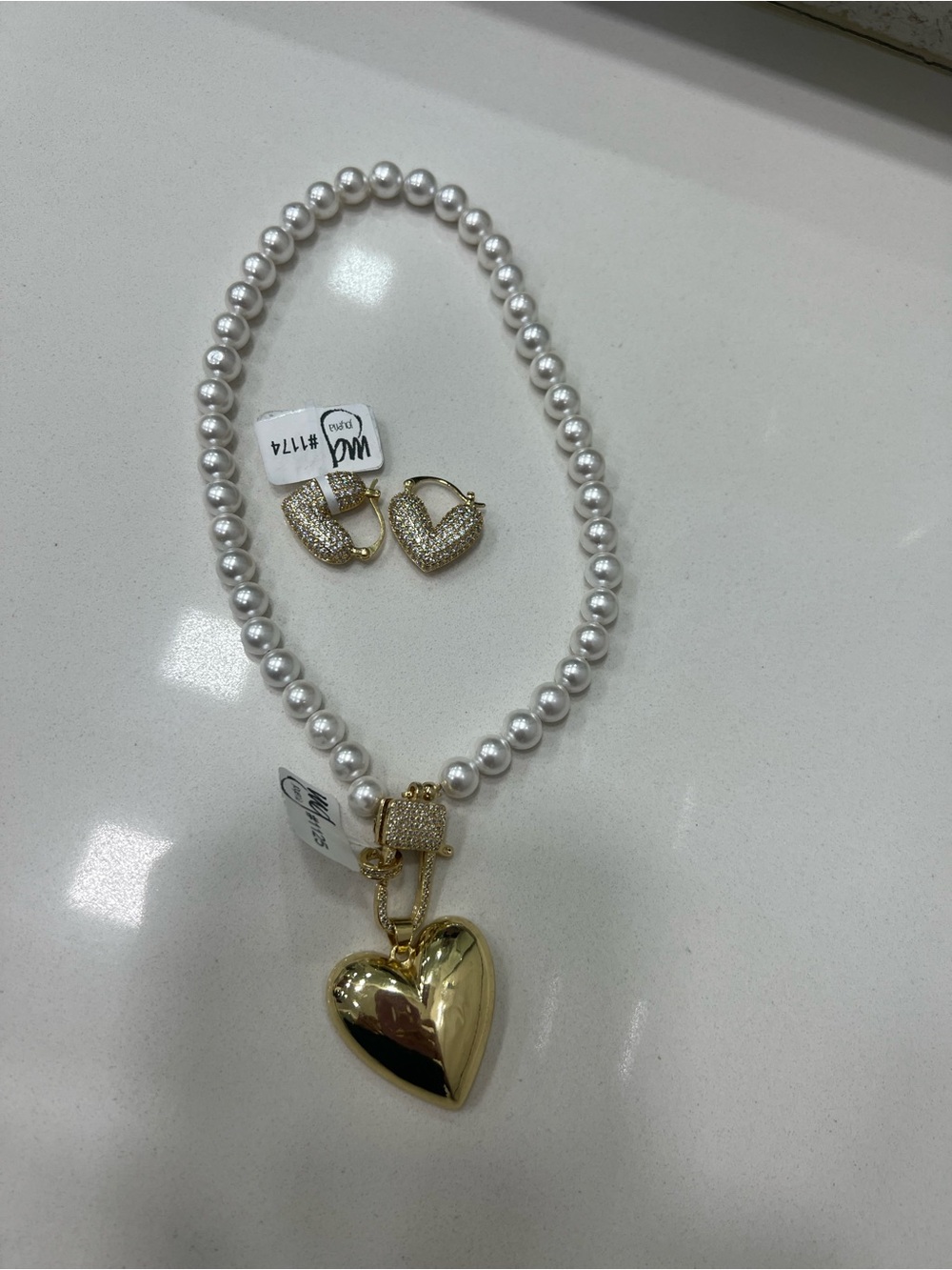 Pearl Necklace with Gold Heart Pendant and Gold Pave Earrings